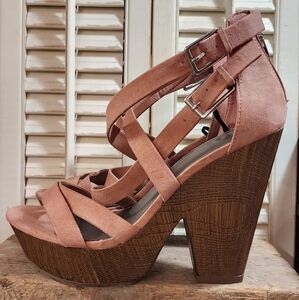 Women's G by Guess Dusty Pink Strappy Velour Wooden Wedge Sandals